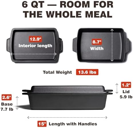 KUHA Square Cast Iron Dutch Oven, Skillet Lid and Casserole Dish, 3.75 QT