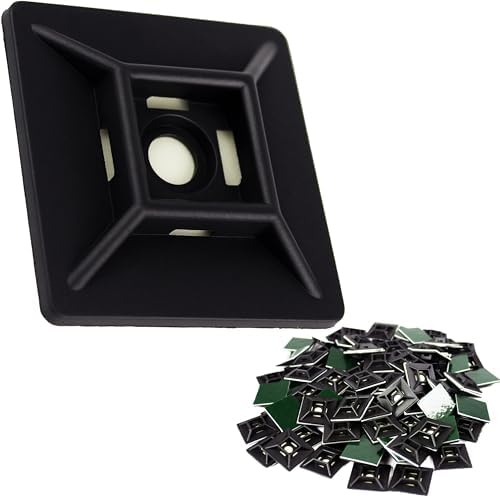 Zip Tie Adhesive-Backed Mounts 100Pk. Professional-Grade, UV Black Cable Tie Bases, 1.1 x 1.1. Screw-Hole Anchor Point Provides Optimal Strength for Long-Term Durability & Use and Clutter-Free Cables.