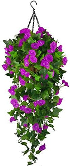 Artificial Fake Hanging Flowers Plants Basket for Spring Outdoor Outside Decoration, UV Resistant Faux Plastic Fabric Flower Morning Glory Wisteria Petunia for Garden Porch Patio Balcony Yard Decor