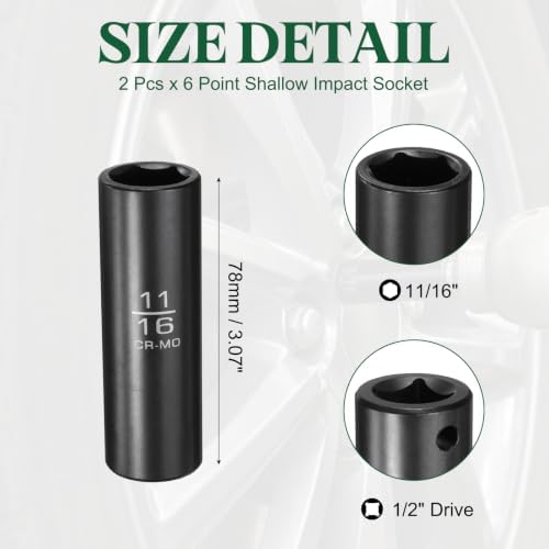 2Pcs 1/2" Drive 11/16 Inch 6 Point Deep Impact Socket 78mm Length