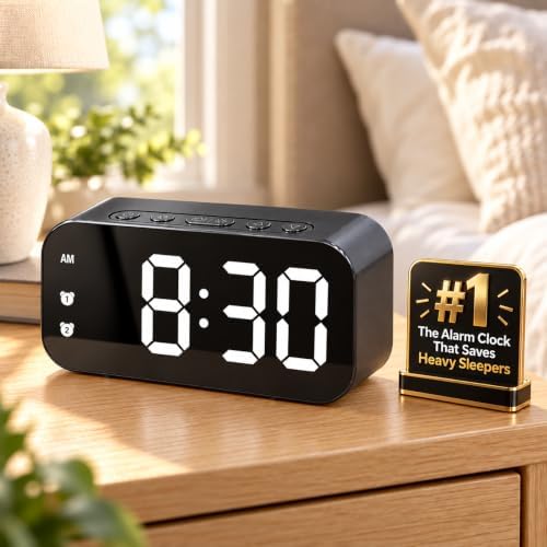 Alarm Clock Small Digital Desk for Bedrooms Bathroom Battery Operated Bedside Travel Powered Teens with Backup Simple Loud Nightstand Mini Large Display Table Desktop Office Shelf Seniors Portable LED