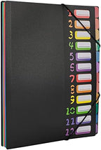 Edufun Rainbow Tab Expanding File Folder - 24 Pockets, Durable A4 Letter Size Organizer, Water-Resistant Plastic Dividers, Home/Office/School Document Holder (Black)