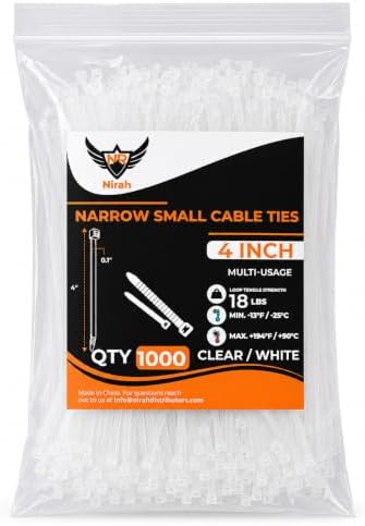 Small Zip Ties 4 inch Clear, 18lb Strength, 1000 pack UV-Resistant, Self-locking PA 66 Nylon Small Cable Ties for Home, Office, Garden, Cable Management by Nirah