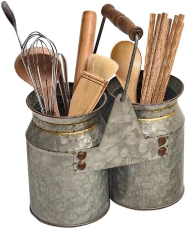 Set of 2 Rustic Galvanized Utensil Holders with Handles, Farmhouse Kitchen Crocks for Spoons, Forks & Knives, Countertop Organizer Buckets for Rustic Farmhouse Decor, 8"x4"x6.75"