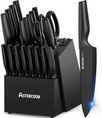 Knife Set, Astercook 21 Pieces Knife Sets for Kitchen with Block, Dishwasher Safe Kitchen Knife Set with Built-in Sharpener, German Stainless Steel Black Knife Block Set, Fathers Day Gift for Men
