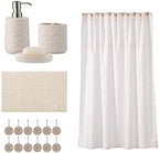 Bathroom Accessories Set, Bath Accessory Complete Set with Lotion Dispenser/Soap Pump, Soap Dish and Toothbrush Holder, Bath Mat, Shower Curtain with 12 Hooks (Embossed Pattern, Tan)