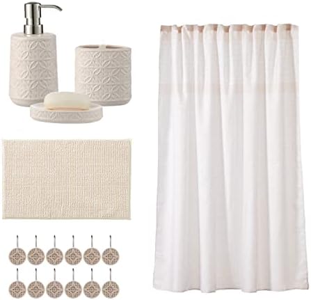 Bathroom Accessories Set, Bath Accessory Complete Set with Lotion Dispenser/Soap Pump, Soap Dish and Toothbrush Holder, Bath Mat, Shower Curtain with 12 Hooks (Embossed Pattern, Tan)