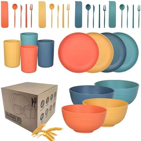 Unbreakable Wheat Straw Dinnerware Set for 4 (32 PCS) – Microwave & Dishwasher Safe – BPA-Free – Lightweight Plates, Bowls & Cups for Camping, Kids & Everyday Use