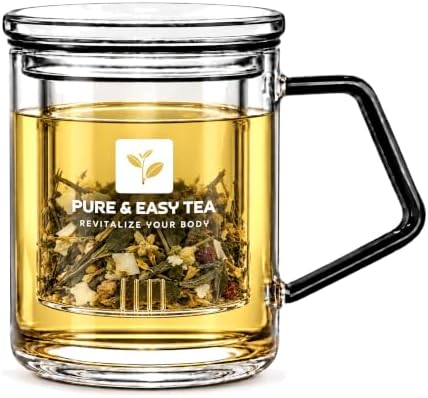 Pure And Easy Tea, Glass Tea Infuser Mug with Lid - Plastic-Free Borosilicate Steeping Cup for Loose Leaf Tea and Tisanes, 400 mL/13.5 oz