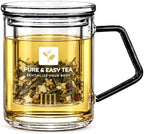 Pure And Easy Tea, Glass Tea Infuser Mug with Lid - Plastic-Free Borosilicate Steeping Cup for Loose Leaf Tea and Tisanes, 400 mL/13.5 oz
