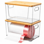 Trash Bag Holder 2 Pack, Stackable Garbage Bag Dispenser with Bamboo Lid, Extra Large Trashbag Dispenser for 13/30/33 Gallon Bags, Clear Organizer for Under Sink Kitchen Laundry Room
