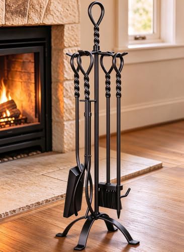 Gtongoko 35”Tall Fireplace Tools Set with Stand 5-Piece Solid Wrought Iron