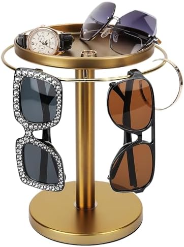 kondyfayo 360° Rotating Sunglass Organizer Storage, Stainless Steel Glasses Holder Stand, Glasses Organizer with Tray for Desk, Dresser, Tabletop, Nightstand and Home Decor (Gold)
