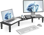 Dual Monitor Riser - Adjustable Length & Angle, Wooden Stand for 2 Monitors with Storage