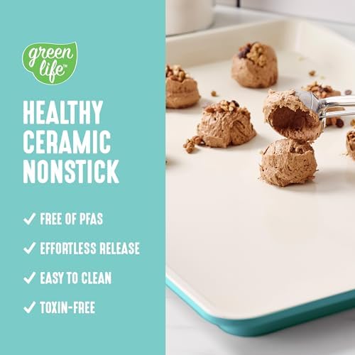 GreenLife 13" x 9" Quarter Sheet Baking Pans, 2 Piece Bakeware Set, PFAS-Free Ceramic Nonstick Rectangular Cookie Trays, Oven Safe to 450°F, Even Heating, Easy Clean Ovenware, Turquoise