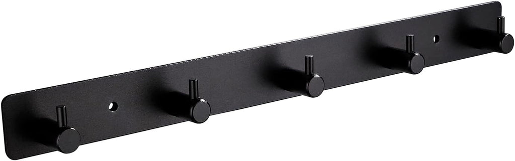 Black Wall Hooks, Matte Black Bathroom Hook Rail, Self Adhesive 5 Hooks Key Hook Rack Hanger Towel Robe Stick Hooks for Toilet Entryway Hallway Kitchen Wall Mounted