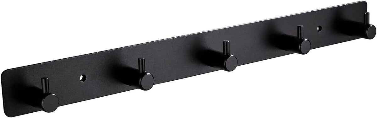 Black Wall Hooks, Matte Black Bathroom Hook Rail, Self Adhesive 5 Hooks Key Hook Rack Hanger Towel Robe Stick Hooks for Toilet Entryway Hallway Kitchen Wall Mounted