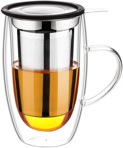 Baalaka Tea Infuser Mug, 16 fl oz Double-Wall Glass for Loose Leaf Tea