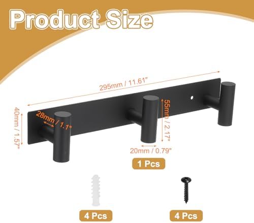 uxcell 1 Set Hat and Coat Wall Mount Rack, Stainless Steel 3 Hooks Towel Racks with Mounting Accessories Tower Hanger Organizer for Entryway Bedroom Kitchen, Black