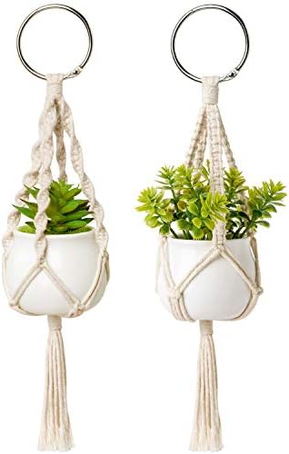 2 Pack Mini Macrame Succulent Plant Hangers for Car Rearview Mirror