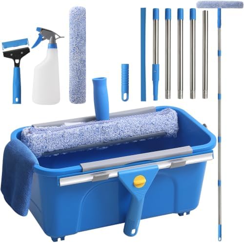 Creatyi 11PCS Window Cleaning Kit Washing Tool, Bucket 3 Gallon, 76 inch Long Handle Window Squeegee and Microfiber Scrubber,Equipped with Replaceable Squeegee and Scrubber for Home Business Use