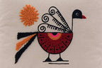 Bloomingville Square Cotton Pillow with Embroidered Peacock, Orange Sun & Corner Tassels