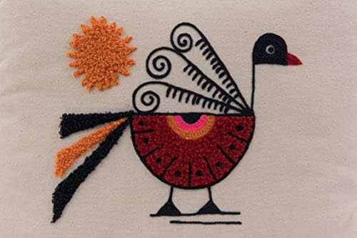 Bloomingville Square Cotton Pillow with Embroidered Peacock, Orange Sun & Corner Tassels