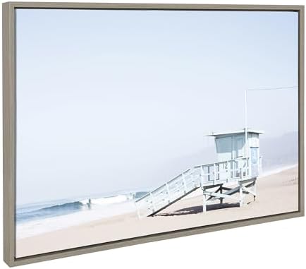 Kate and Laurel Sylvie Pale Blue Life Guard Tower Framed Canvas Wall Art by Caroline Mint, 23x33 Gray, Chic Coastal Wall Decor