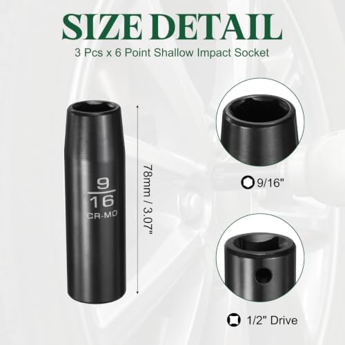 3Pcs 1/2" Drive 9/16 Inch 6 Point Deep Impact Socket 78mm Length