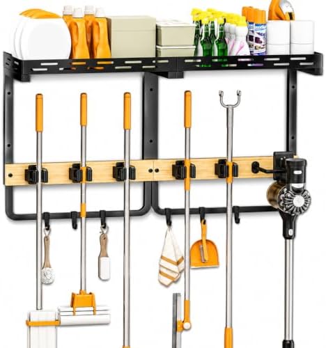 Mop and Broom Holder Wall Mount with Railing Shelf,3-in-1 Cleaning Storage Organizer,Storage Rack with Vacuum holder 5 Grips 6 Hooks for Laundry Utility Garages Closet,