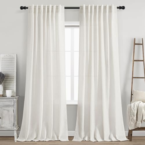 Nanspring Beige White Linen Curtains 84 Inch Length 2 Panels Set for Living Room Rod Pocket Back Tab Light Filtering Window Drapes for Bedroom Dining Room Protect Privacy Home Decor