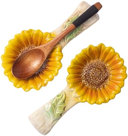 2 Pack Spoon Rest for Stove Top, Sunflower Ceramic Spoon Holder for Kitchen Counter Cooking Utensil Ladle Spatula Holder Cute Spoon Rest Sunflower Kitchen Decor Items House Warming Birthday Gift