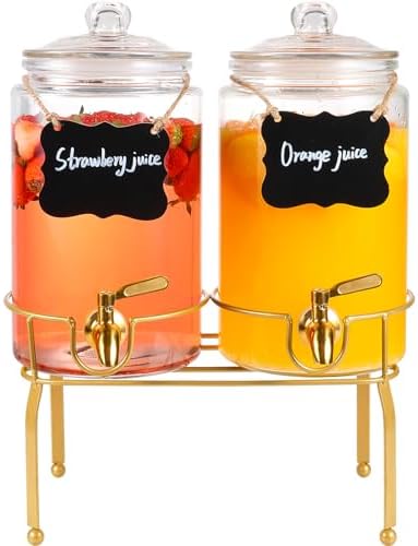 Drink Dispensers for Parties,2 Pack 1 Gallon Beverage Dispenser with Stand,Drink Dispenser With Glass Lid and Stainless Steel Spigot Leak-proof, Ideal for Lemonade,Juice, Tea, and Party Drinks