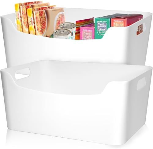 FINESSY White Plastic Storage Bins for Pantry with Handle 2 Pack White Bins