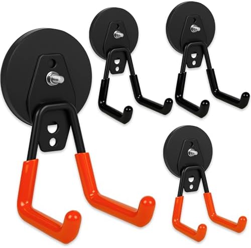 4 Pack Heavy Duty Magnetic Garage Hooks,No Drill Installation and Rubber Coating for Scratch-Free Use,Space Saving Large Utility Hooks for Kitchen,Tools,Pegboard,Workshop (Red 2pcs+Black 2pcs)