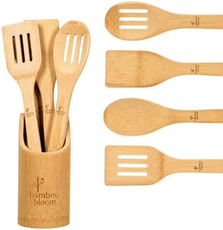Bamboo Kitchen Utensils Set with Holder, 4-Pieces Wooden Cooking Utensils for Nonstick Cookware, Natural Bamboo Spoons & Spatulas, Comfortable Grip, Kitchen Essentials (4 Pieces + Holder)