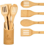 Bamboo Kitchen Utensils Set with Holder, 4-Pieces Wooden Cooking Utensils for Nonstick Cookware, Natural Bamboo Spoons & Spatulas, Comfortable Grip, Kitchen Essentials (4 Pieces + Holder)