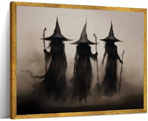 Three Witches Framed Halloween Wall Art Print Vintage Creepy Witchy Poster Spooky Gothic Mystical Witch Picture Dark Academia Occult Canvas Painting Decor for Bedroom Dorm Party Room 8x12inch