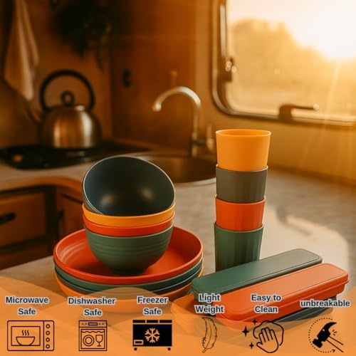 Unbreakable Wheat Straw Dinnerware Set for 4 (32 PCS) – Microwave & Dishwasher Safe – BPA-Free – Lightweight Plates, Bowls & Cups for Camping, Kids & Everyday Use