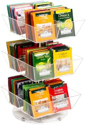 Mind Reader Tea Bag Carousel, 3 Tier Clear Acrylic Organizer with 12 Compartments, 360° Rotating Tea Station for Countertop Storage