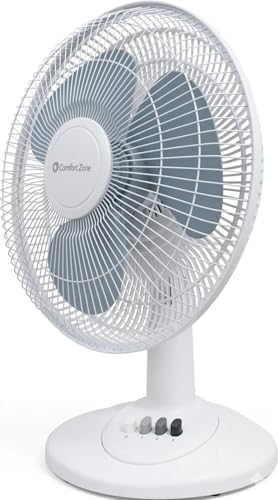 COMFORT ZONE 12" 3-Speed Oscillating Table Fan for Home - White