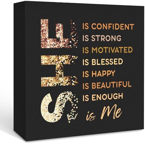 Black Gold She Is Me Wooden Box Sign Desk Decor, Inspirational Decorative Signs Decor for Office Bedroom, Postive Affirmations Home Shelf Desk Decor, Inspirational Desk Decor 5x5 Inch