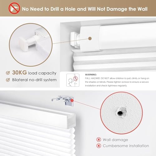 LazBlinds No Drill Cordless Cellular Shades, 33" W x 64" H, White