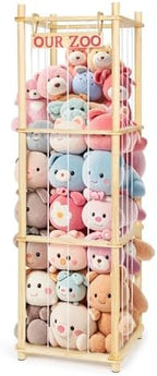 Stuffed Animal Storage - Tall Natural Pine Wood Toy Organizer with Elastic Cords & Shelf, Space-Saving Plushie Playhouse for Nursery, Playroom, Kids Bedroom - Easy Assembly
