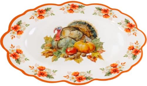 ceiba tree Thanksgiving Fall Turkey Platter Serving Tray Dish Reusable Melamine Large 16 X 12.6 inch Harvest Autumn Oval Plate for Party Tableware Holiday Buffet Friendsgiving Snacks Appetizers