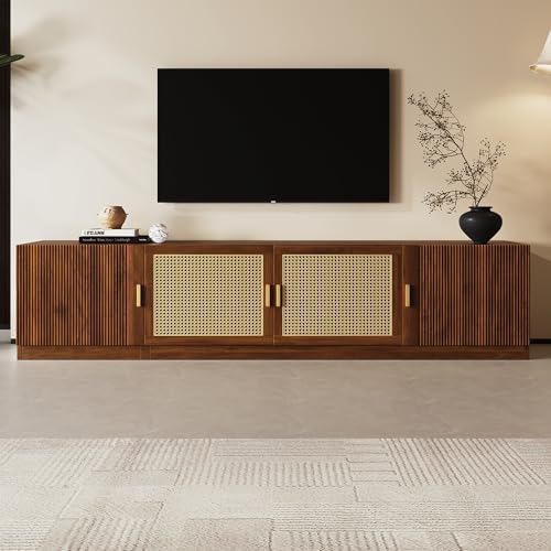 78 Inch Media Console with Fluted & Rattan Doors, Walnut TV Stand for 75–85 Inch TVs, Adjustable Shelves, Sturdy MDF Construction with Cable Management, Retro Entertainment Center for Living Room