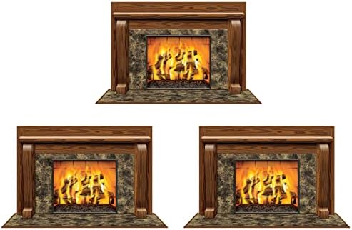 Beistle Fireplace Insta-Views – 3-Pack Wall Scenes with Realistic Burning Fire Image Printed on Thin Clear Plastic, Cozy Hearth Look for Christmas Holiday or Winter Parties, 3' 2" x 5' 2"