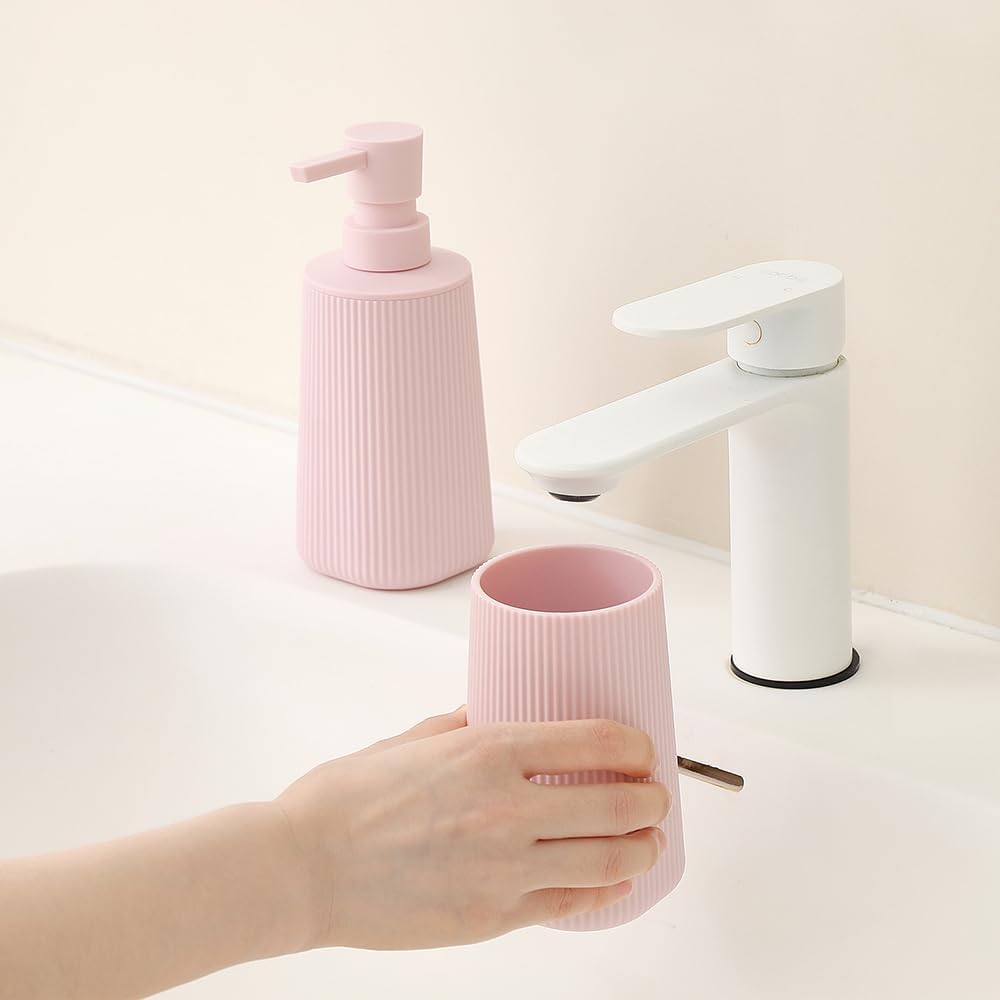 YAUKPH Bathroom Soap Dispenser and Toothbrush Holder Striped Pink