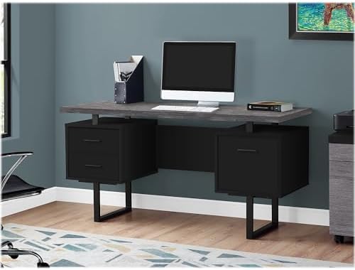Monarch Specialties Computer Desk with Drawers - Contemporary Style - Home & Office Computer Desk with Metal Legs - 60"L (Black - Grey Top)