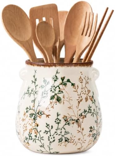 Utensil Holder for Kitchen Counter Ceramic Cooking Utensil Crock Organizer for Countertop Heavy Large Holder for Spatulas Spoons Kitchen Counter Decor Vintage Floral Vine